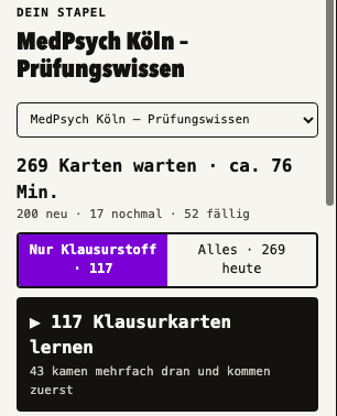 Kreuzfee-Leiste in Anki: Umschalter „Nur Klausurstoff · 117“ und „Alles · 269“, darunter der Knopf „117 Klausurkarten lernen“.